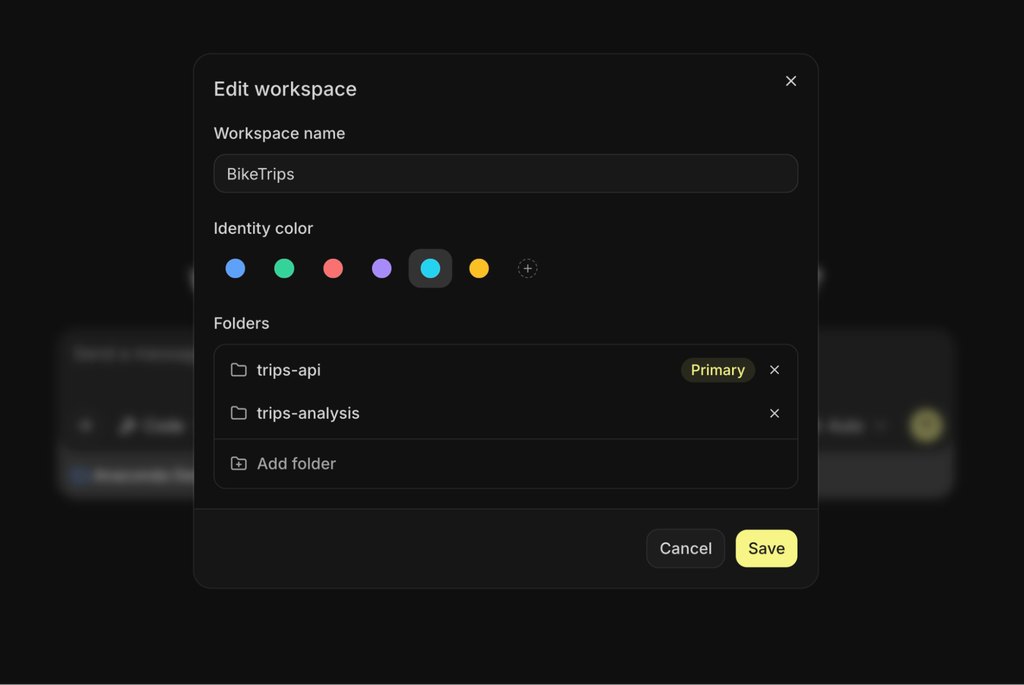 Kilo Desktop 的 Edit workspace 对话框:workspace 名为 BikeTrips,下面列出 trips-api(标记为 Primary)和 trips-analysis 两个文件夹