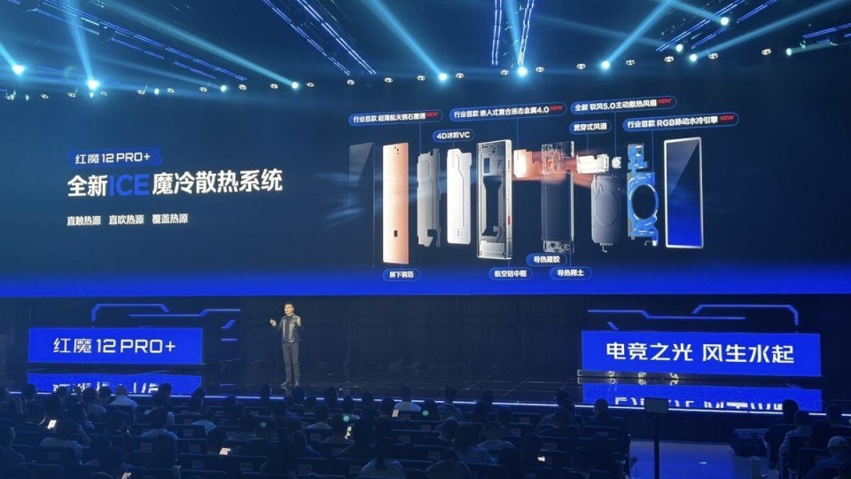 红魔 12 Pro+ 的 ICE 魔冷散热系统结构图,标出 4D 冰阶 VC、贯穿式风道、脉动水冷引擎与导热凝胶的位置