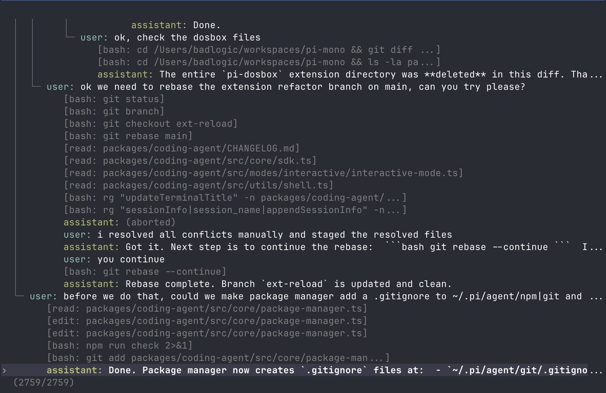 Pi 会话记录视图:逐条列出 bash、read、edit 等工具调用及其输出,末尾是 assistant 的结论