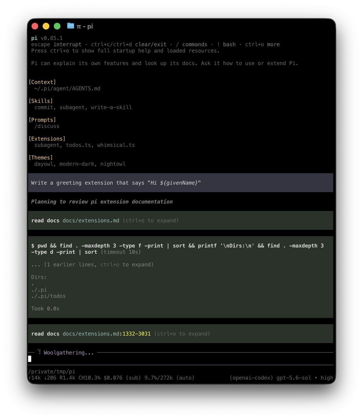 Pi 终端界面截图:顶部列出 AGENTS.md、Skills、Prompts、Extensions、Themes 等已加载资源,中间是一次任务中逐个展示的工具调用,底部显示本次花费与所用模型