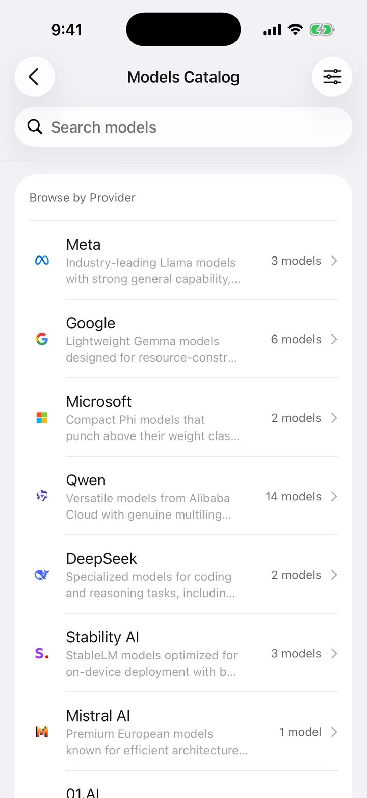 KernelAI 模型目录界面截图:按机构浏览,通义 14 个模型、Google 6 个、Meta 3 个
