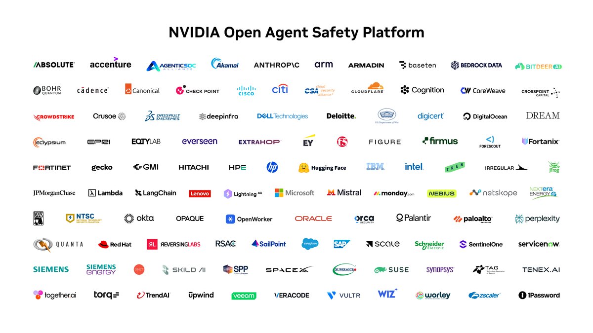 NVIDIA Open Agent Safety Platform 发布页,标题下方是密密麻麻的合作厂商标志墙